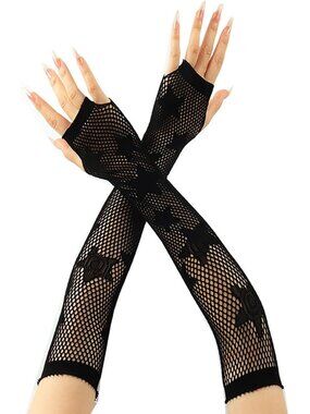 Women's Black Long Star Pattern Fishnet Fingerless Gothic Cosplay Gloves